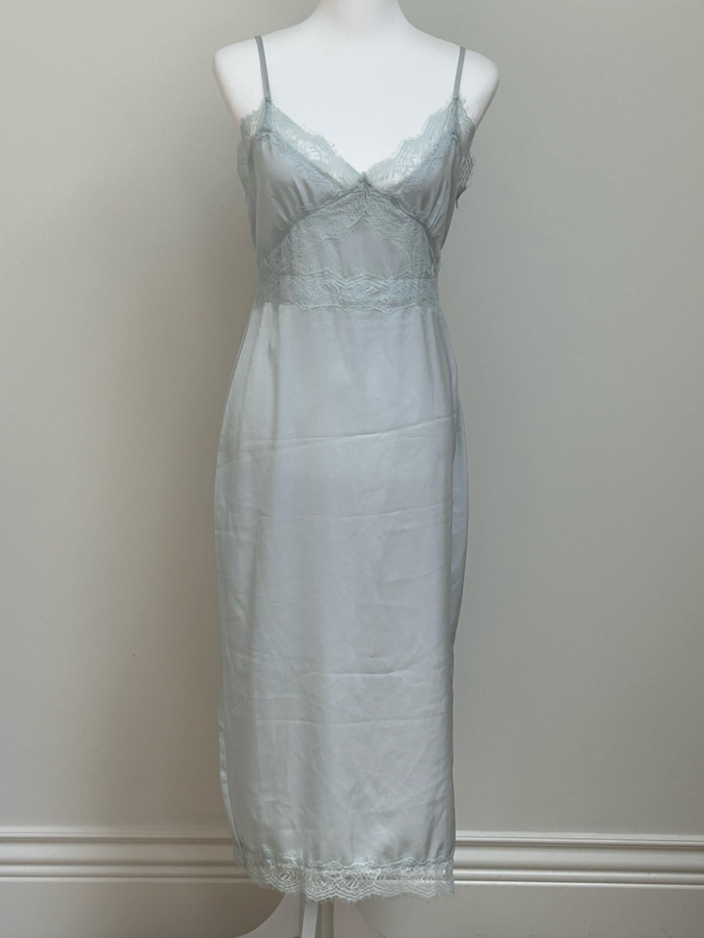 Baby Blue Silky Lace-Trim Midi Slip Dress M